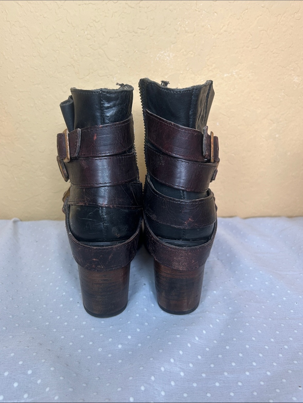 freebird Black Leather Ankle Boots with Brown Strap Accents - Picture 4 of 4